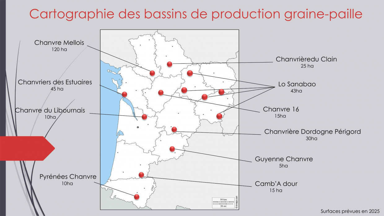 Carte Nouvelle-Aquitaine indiquant les cultures de chanvre
